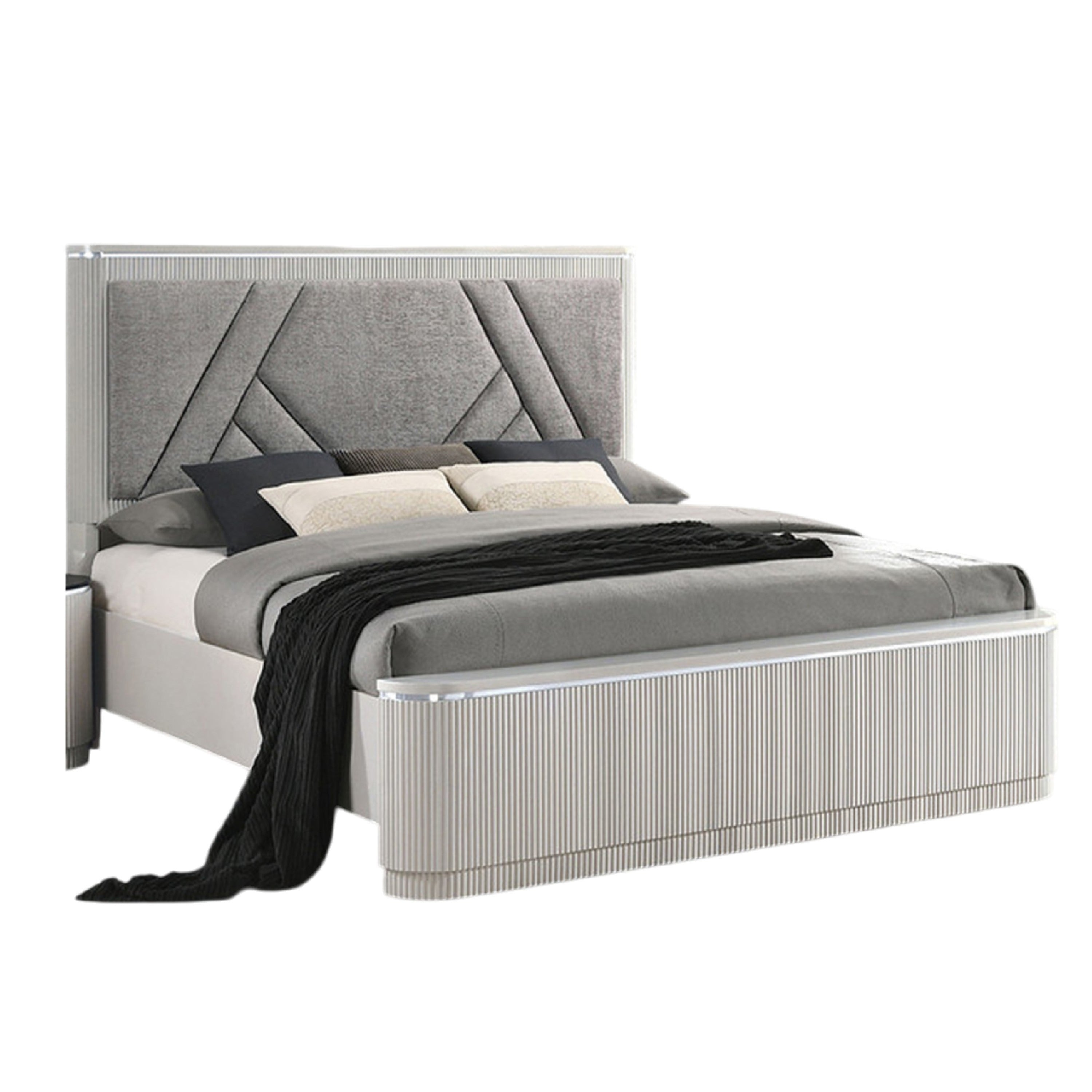 Vino Queen Bed Gray Chevron Satin Fabric Upholstered Solid Wood