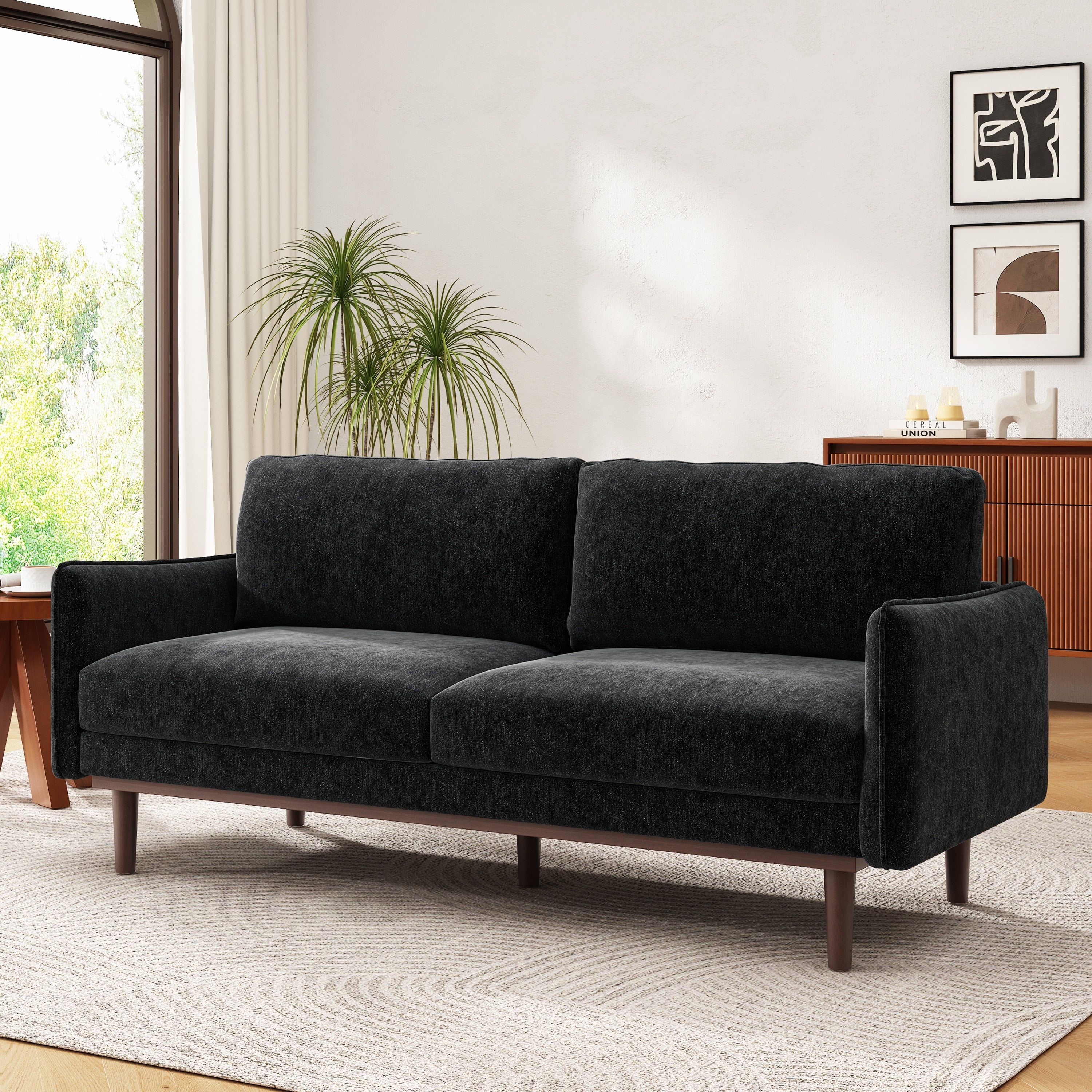 Vintage 2 Seater Sofa Pocket Spring Cushion Brown Rubber Wood Legs Stitched Armrests