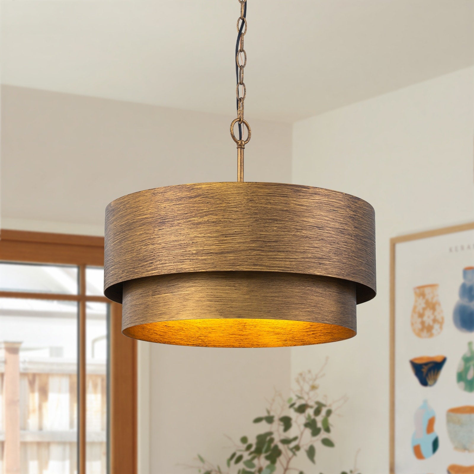 Vintage 4 Light Antique Brass Drum Pendant Light Metal Chandelier For Dining Room 19.7 In W X 13 In H