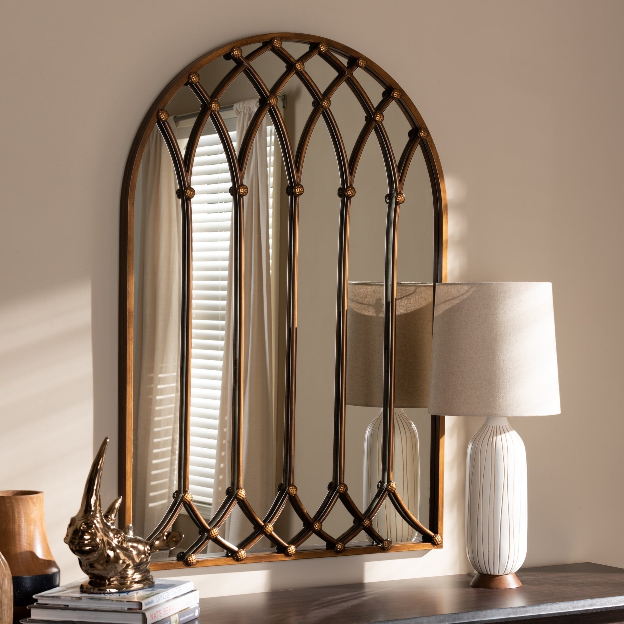 Vintage Antique Bronze Arched Window Wall Mirror By Baxton Studio Antique Bronze