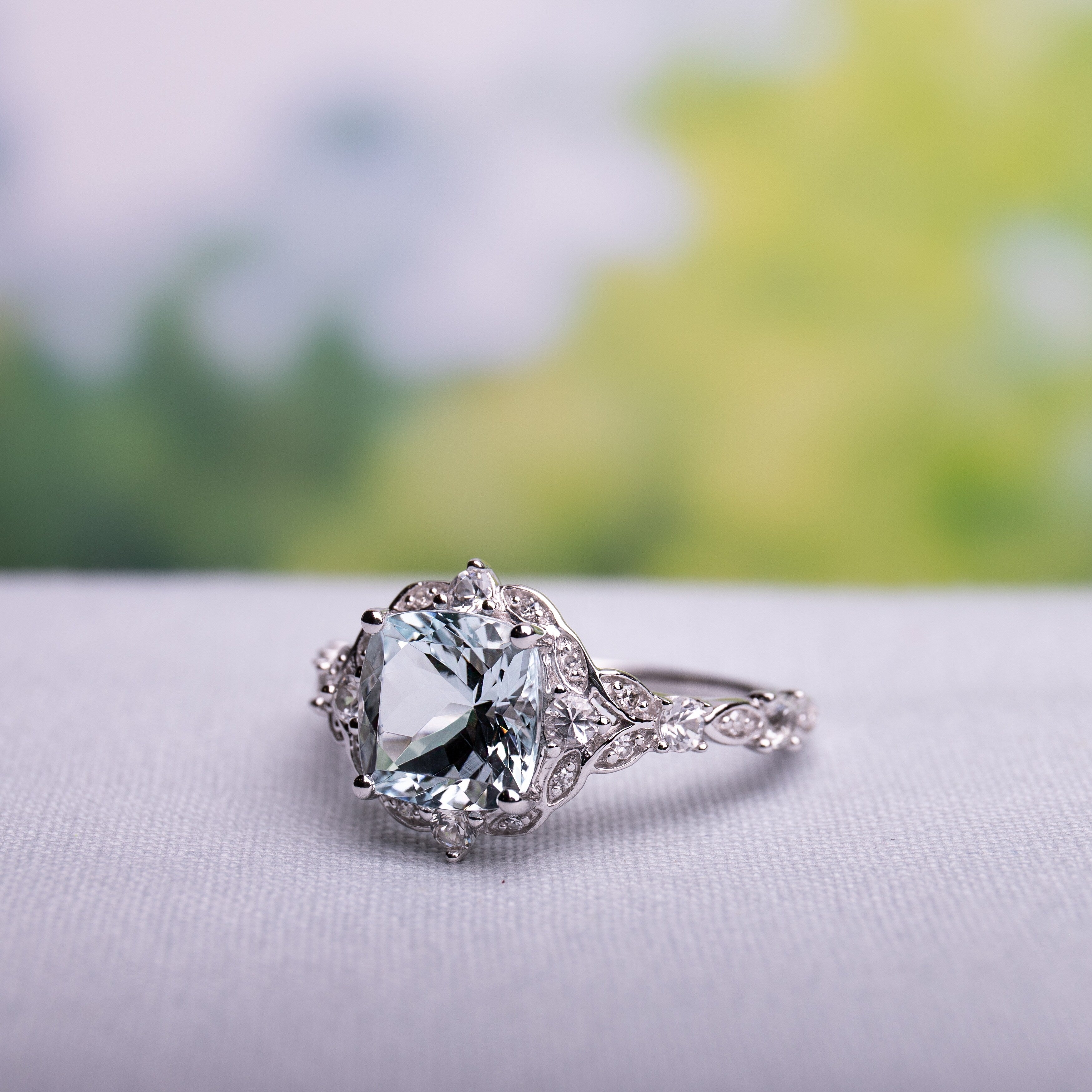 Miadora Vintage 14K White Gold Aquamarine White Sapphire And Diamond Accent Engagement Ring