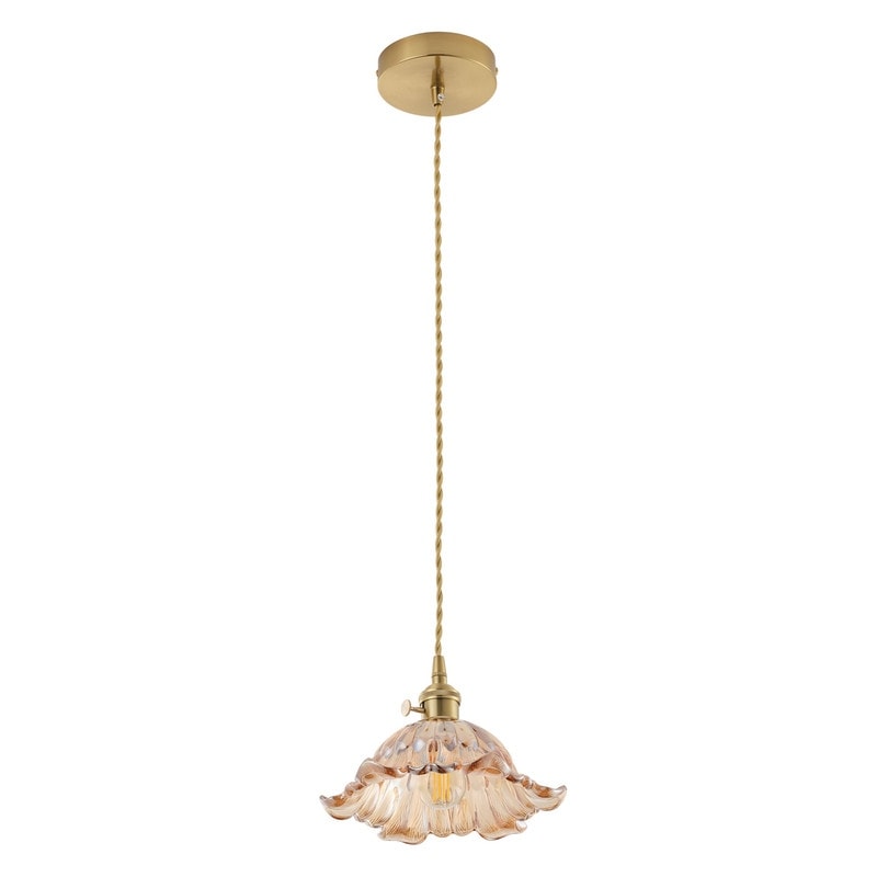 Vintage Brass Mini Pendant Light With Amber Flower Glass Shade