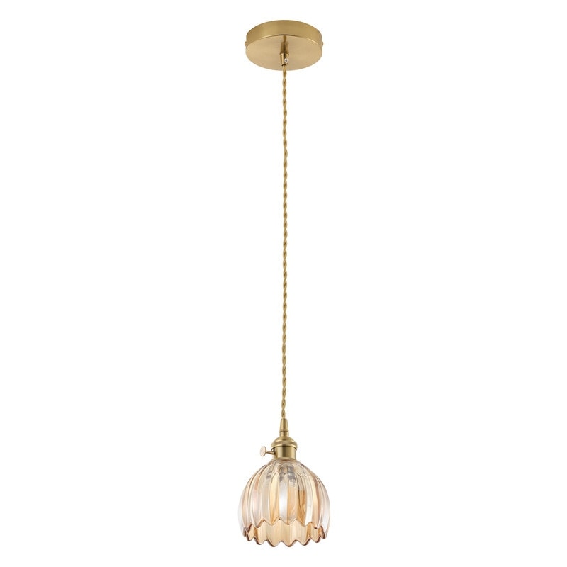 Vintage Brass Mini Pendant Light With Amber Glass Shade