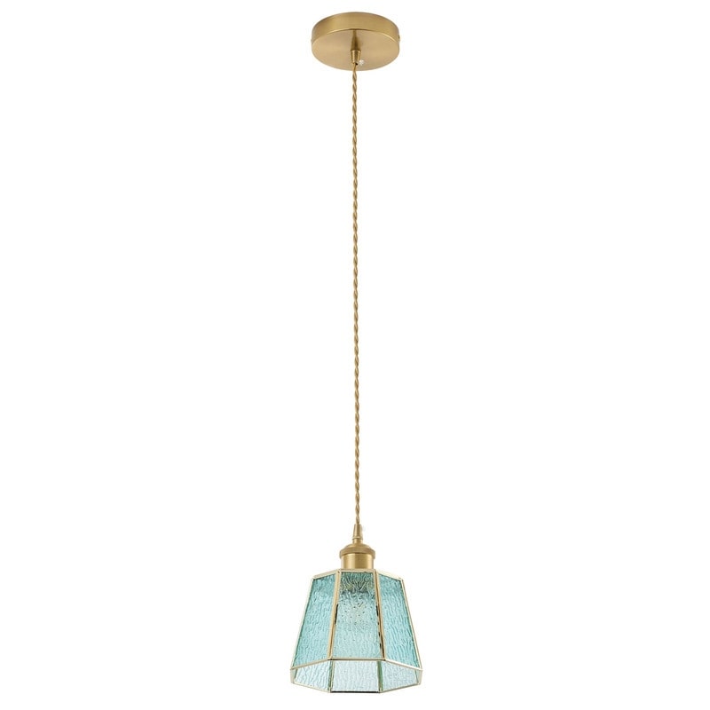 Vintage Brass Mini Pendant Light With Aqua Blue Textured Glass Shade