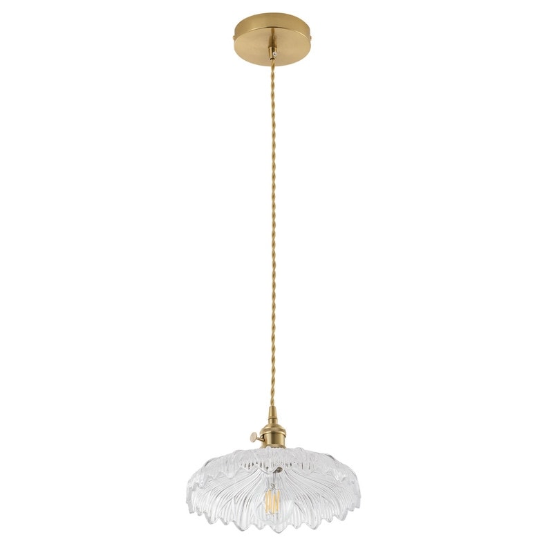 Vintage Brass Pendant Light With Clear Scalloped Glass Shade