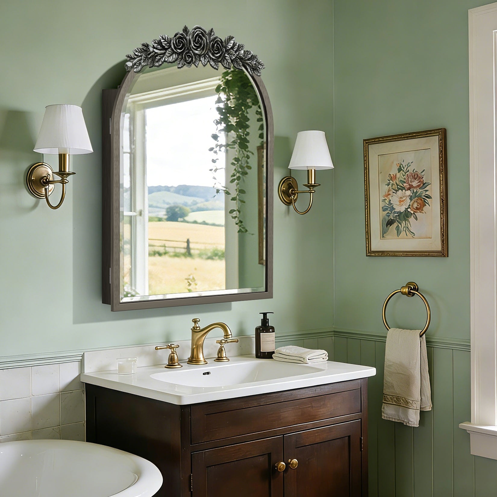 Vintage Brass Wall Mounted Mirror Cabinet With Storage Bathroom Decor 20X30 Inch