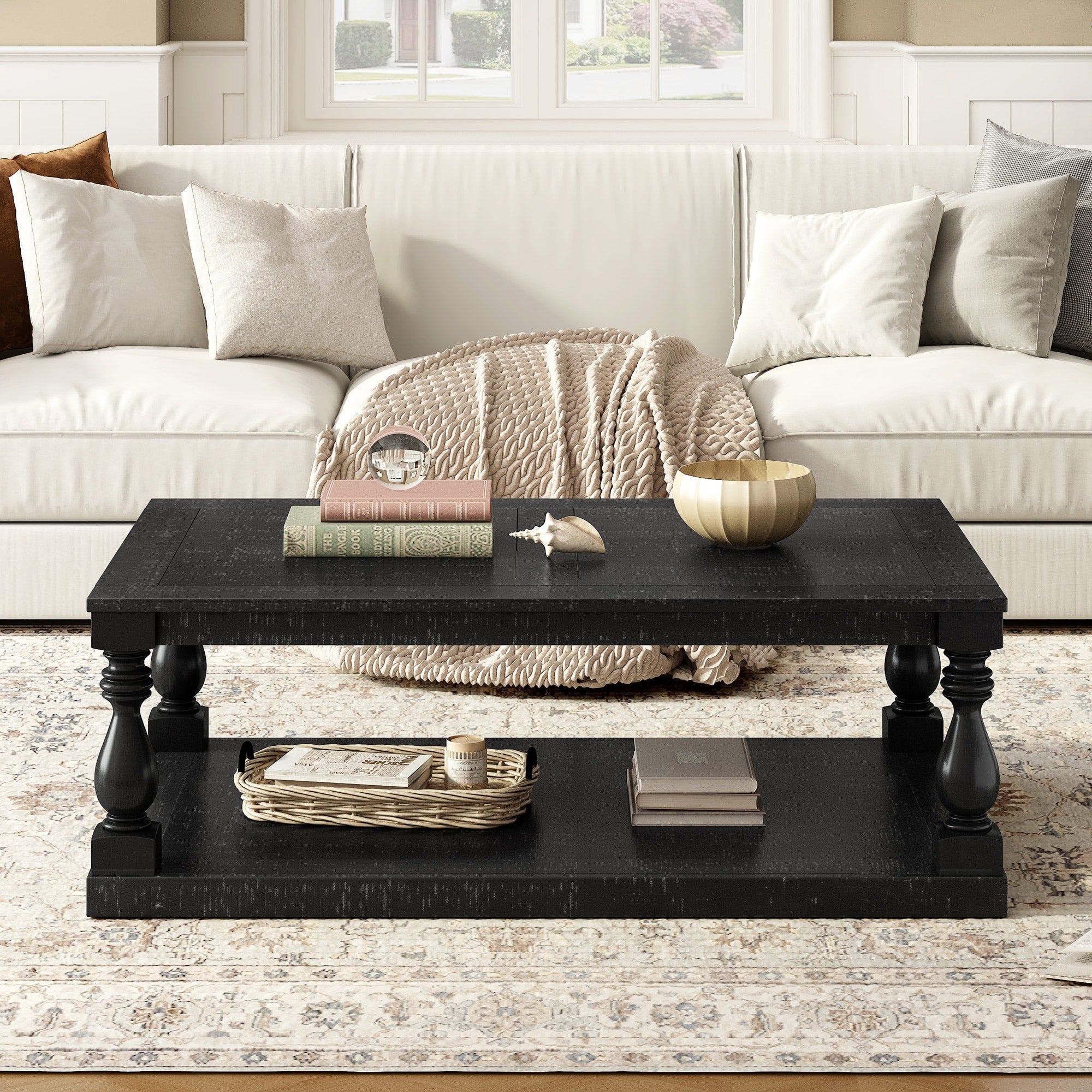 Vintage Coffee Table Center Table With Shelf Black Side Table Cocktail Table For Living Room Bedroom