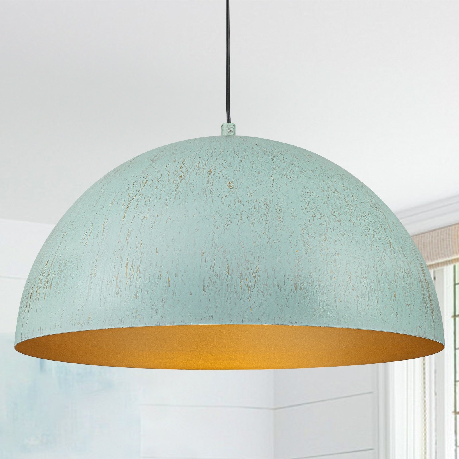 Vintage Distressed Finish Green Gold Dome Pendant Light Dining Room