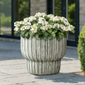 Vintage Distressed White With Green 13.4 Inch Tall Round Cement Planter 13.39 H X 16.14 Diameter