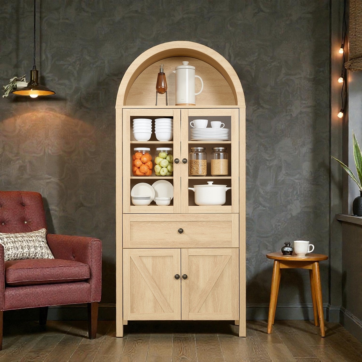 Vintage Dome Cabinet With Arched Design Large Storage Display Cabinet With Adjustable Shelves For Living Room