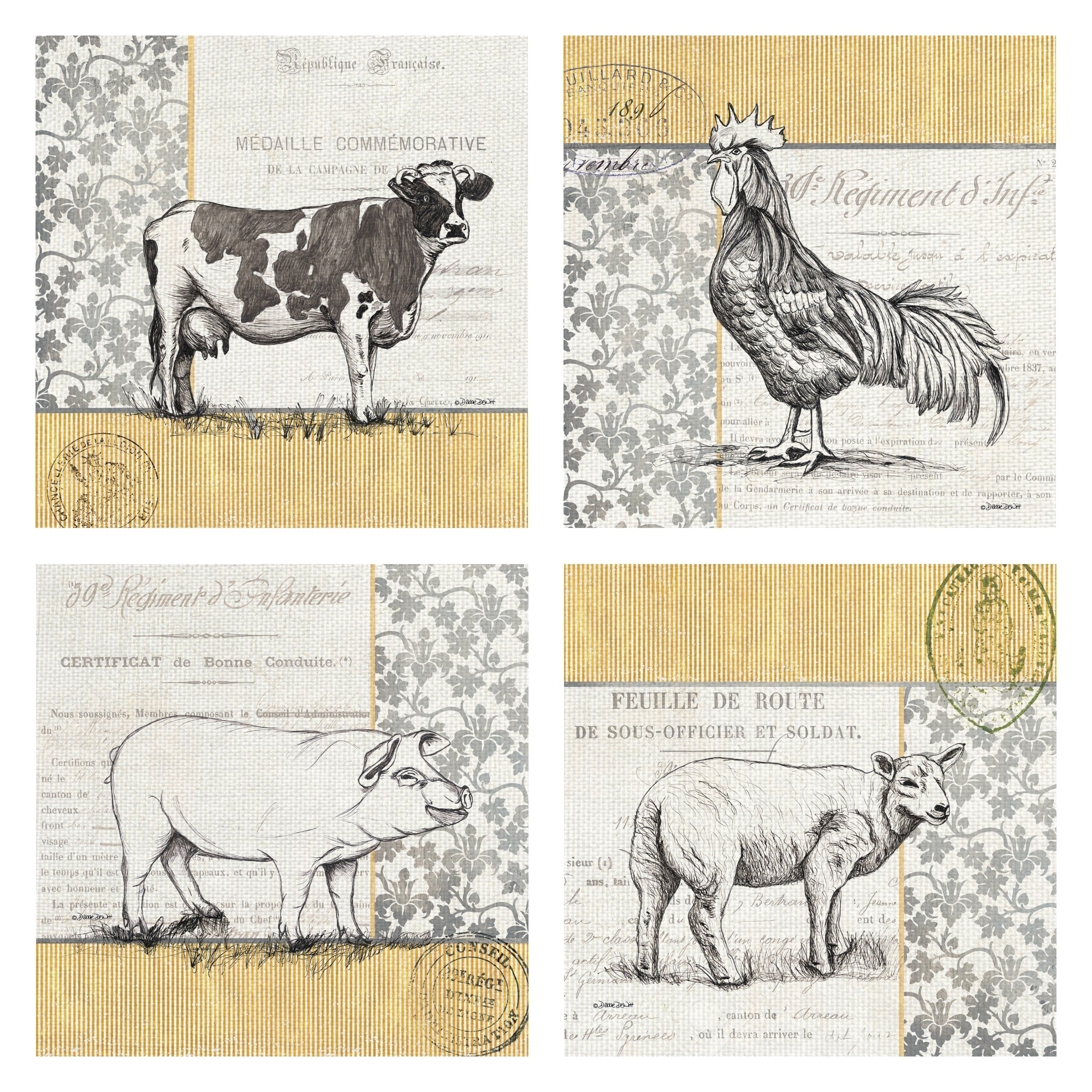 Vintage Farm Cow Rooster Pig Lamb By Debbie Dewitt Canvas Art Print Set Of 4