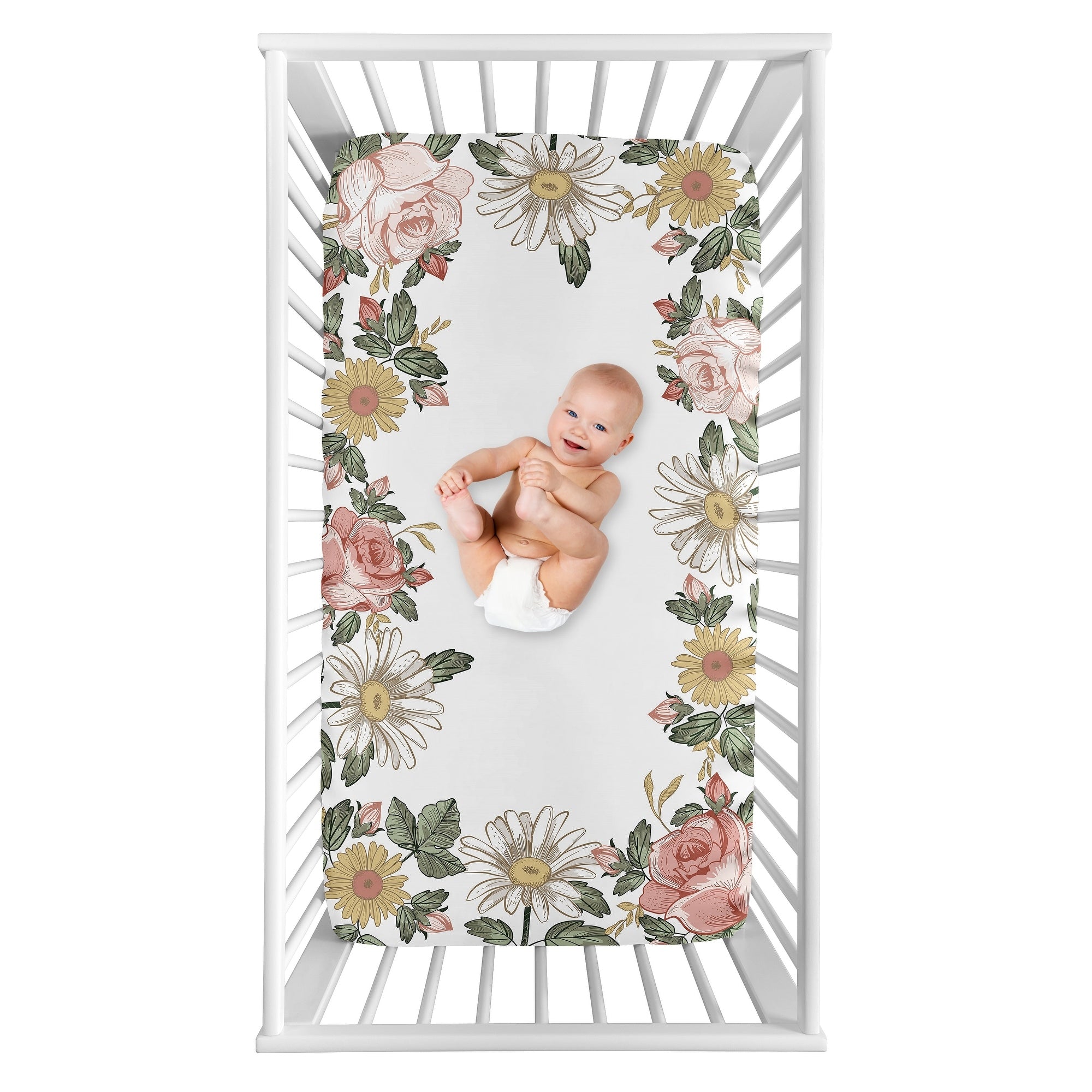 Vintage Floral Boho Collection Girl Photo Op Fitted Crib Sheet Blush Pink Yellow And Green Shabby Chic Rose Flower Farmhouse