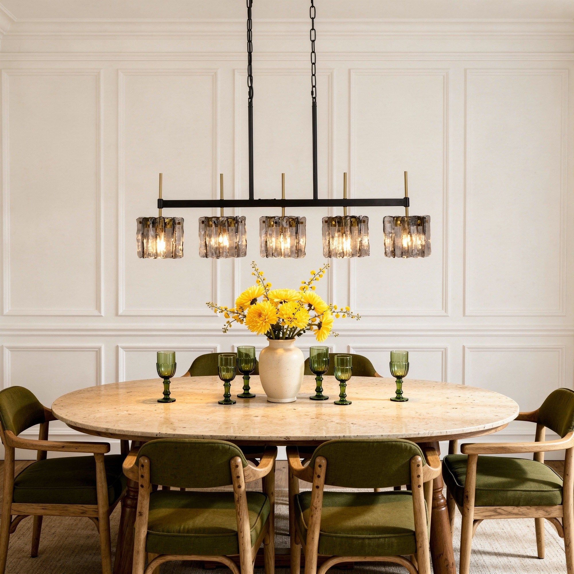 Vintage Glass Chandelier Metal Frame Adjustable Chain 5 Light Pendant.
