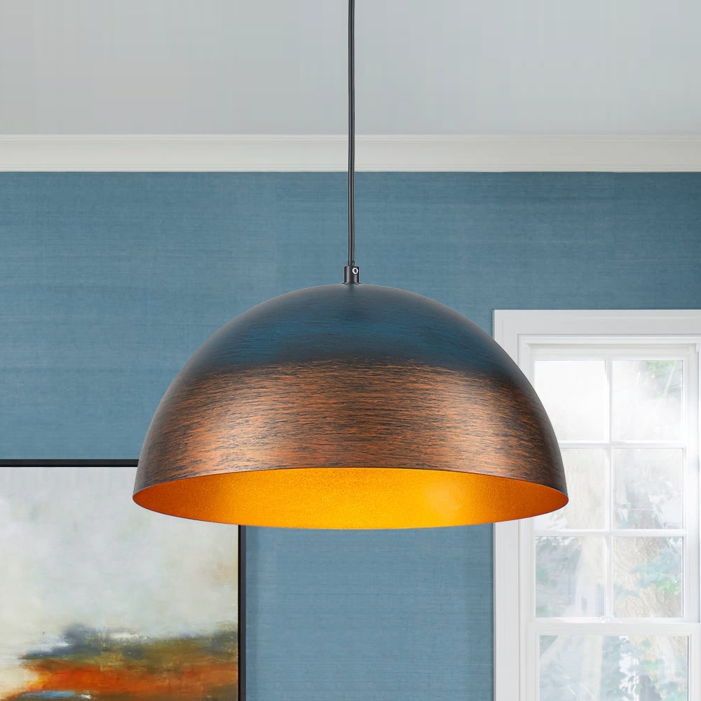 Vintage Patinated Copper Style Large Metal Dome Pendant 15 Inches