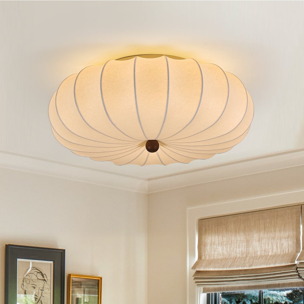 Vintage Pleated Lantern White Silk Single Flush Mount Ambient Light 23.6 Inches