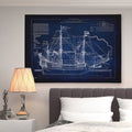 Vintage Sailing Ship Blue Sketch Premium Gallery Wrapped Canvas