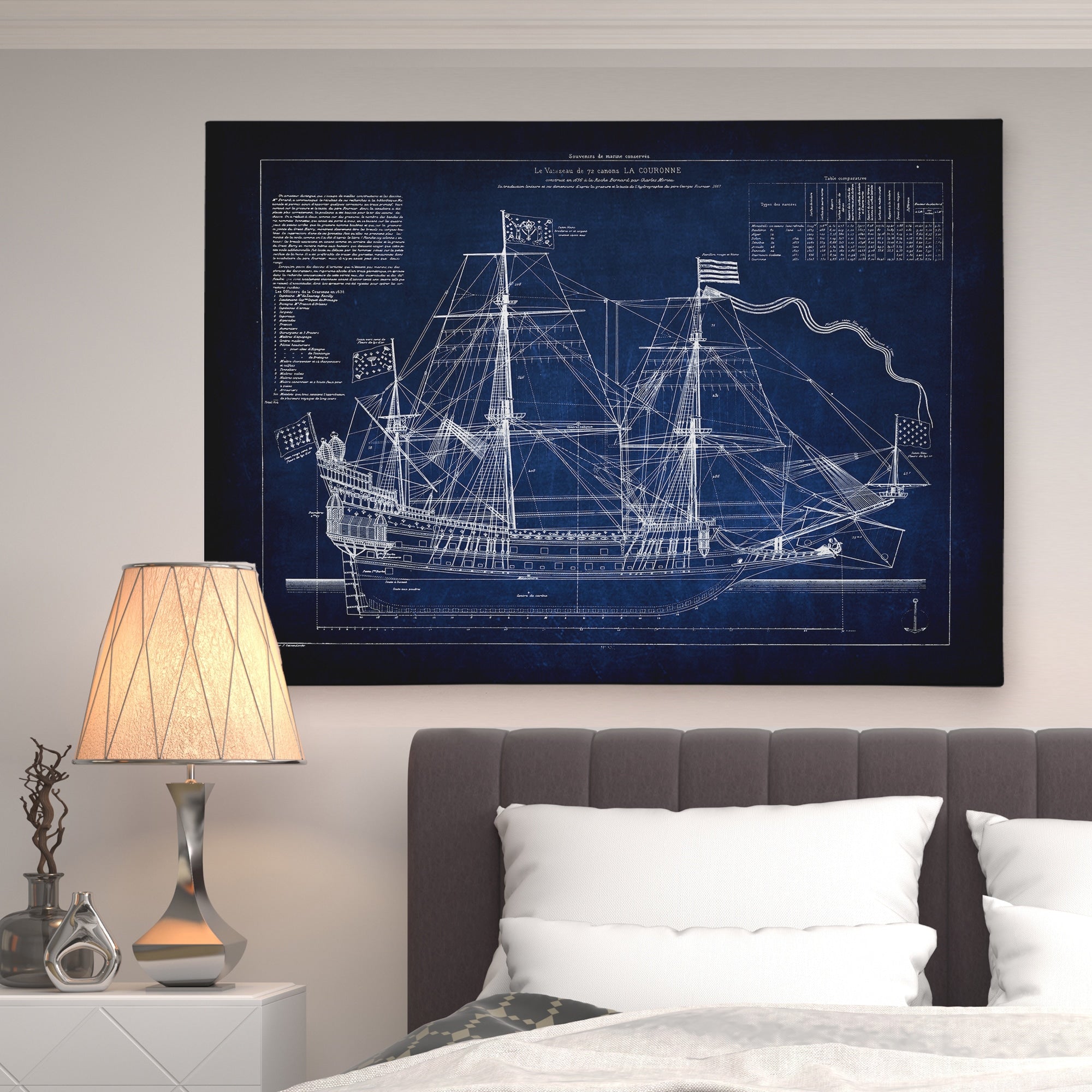Vintage Sailing Ship Blue Sketch Premium Gallery Wrapped Canvas