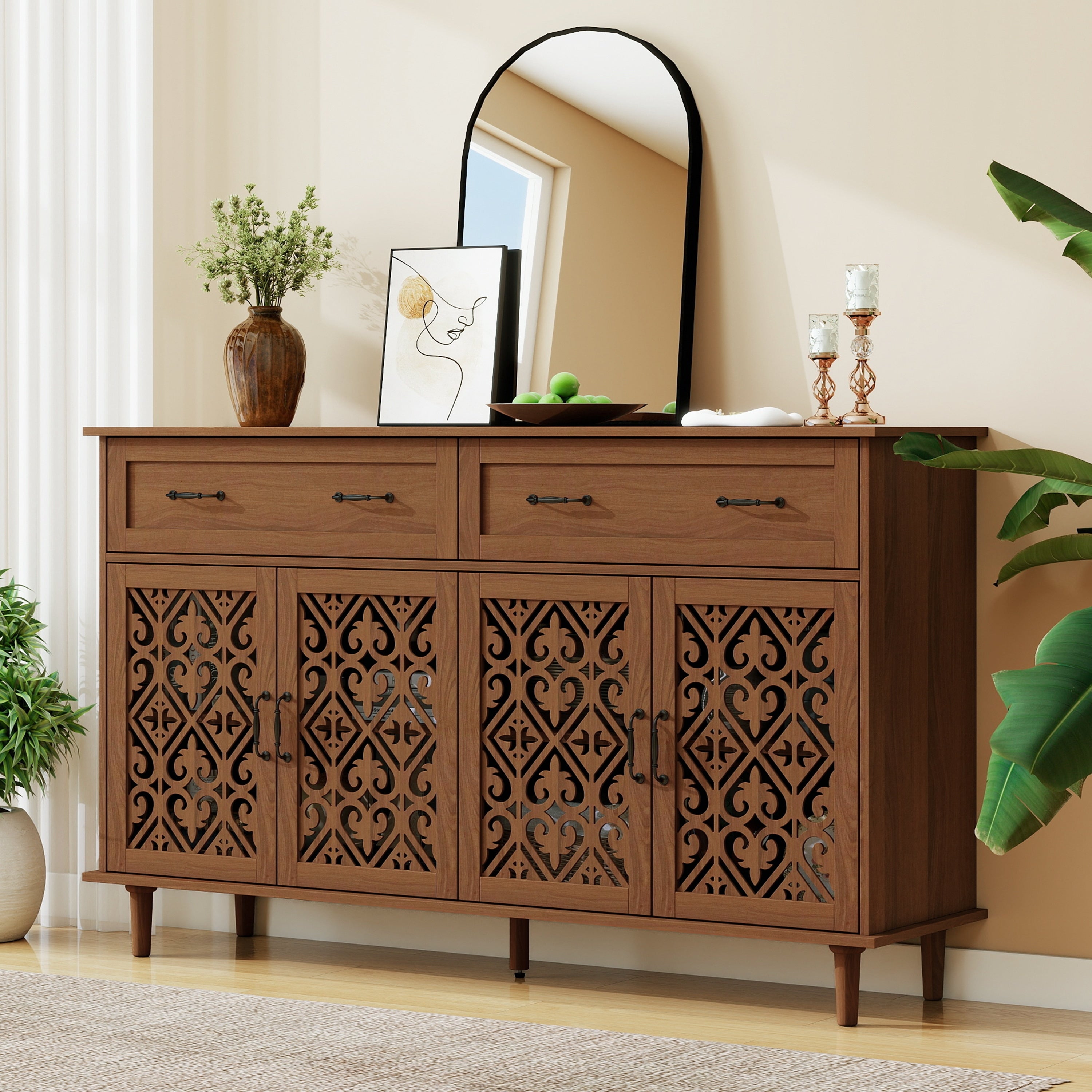 Vintage Sideboard Buffet Cabinet With Metal Handles Walnut Storage Cabinet Media Cabinet Console Cabinet