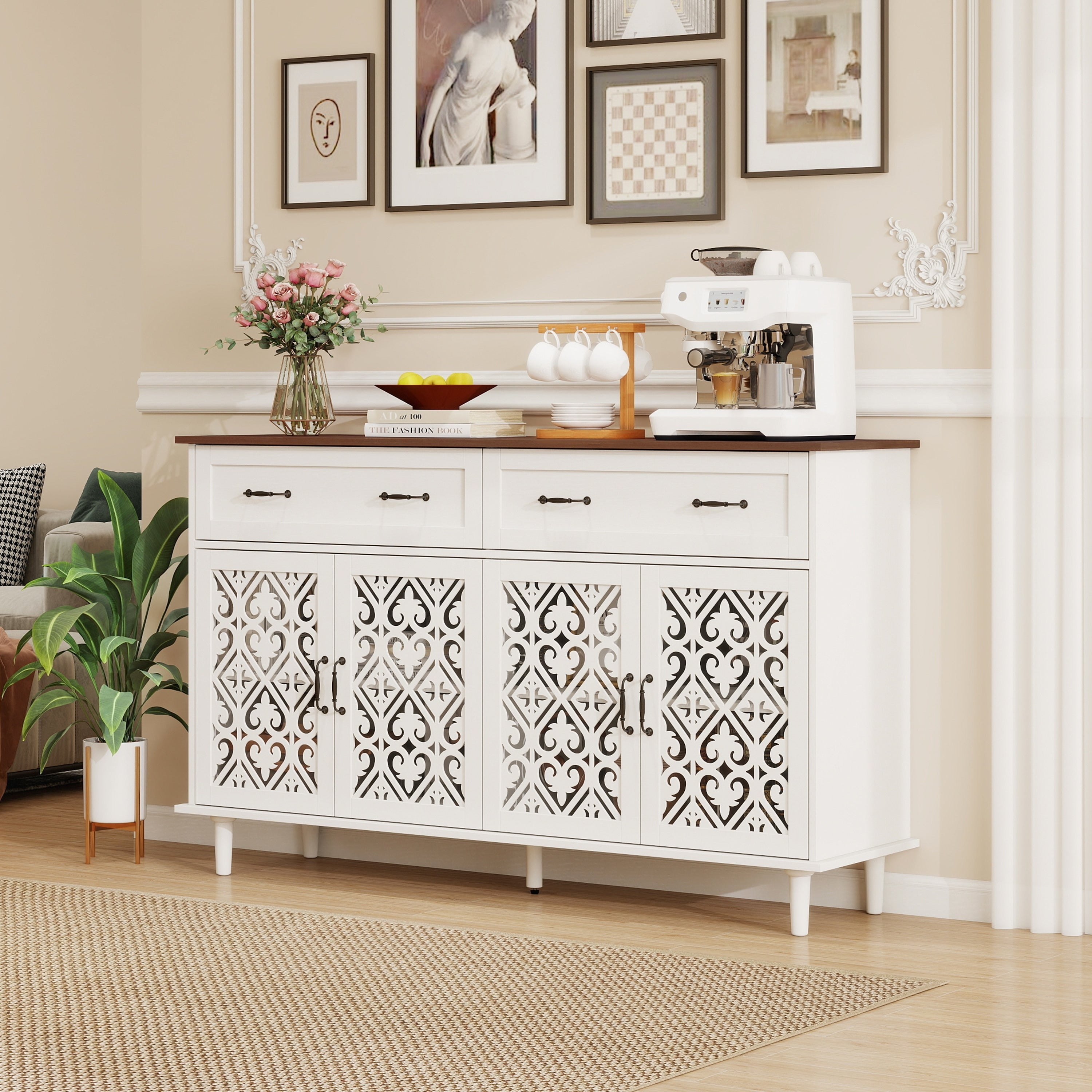Vintage Sideboard Buffet Cabinet With Metal Handles White Walnut Storage Cabinet Media Cabinet Console Cabinet