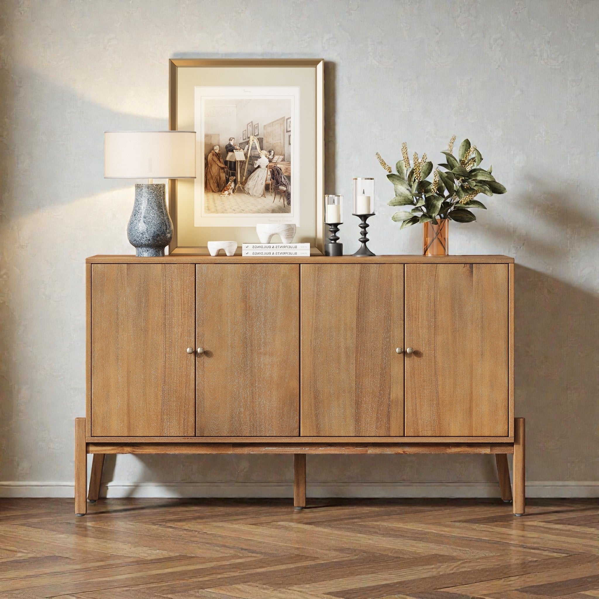 Vintage Sideboard Buffet Cabinet 60 4 Door Storage Cabinet With Metal Handles Mdf And Acacia Veneer