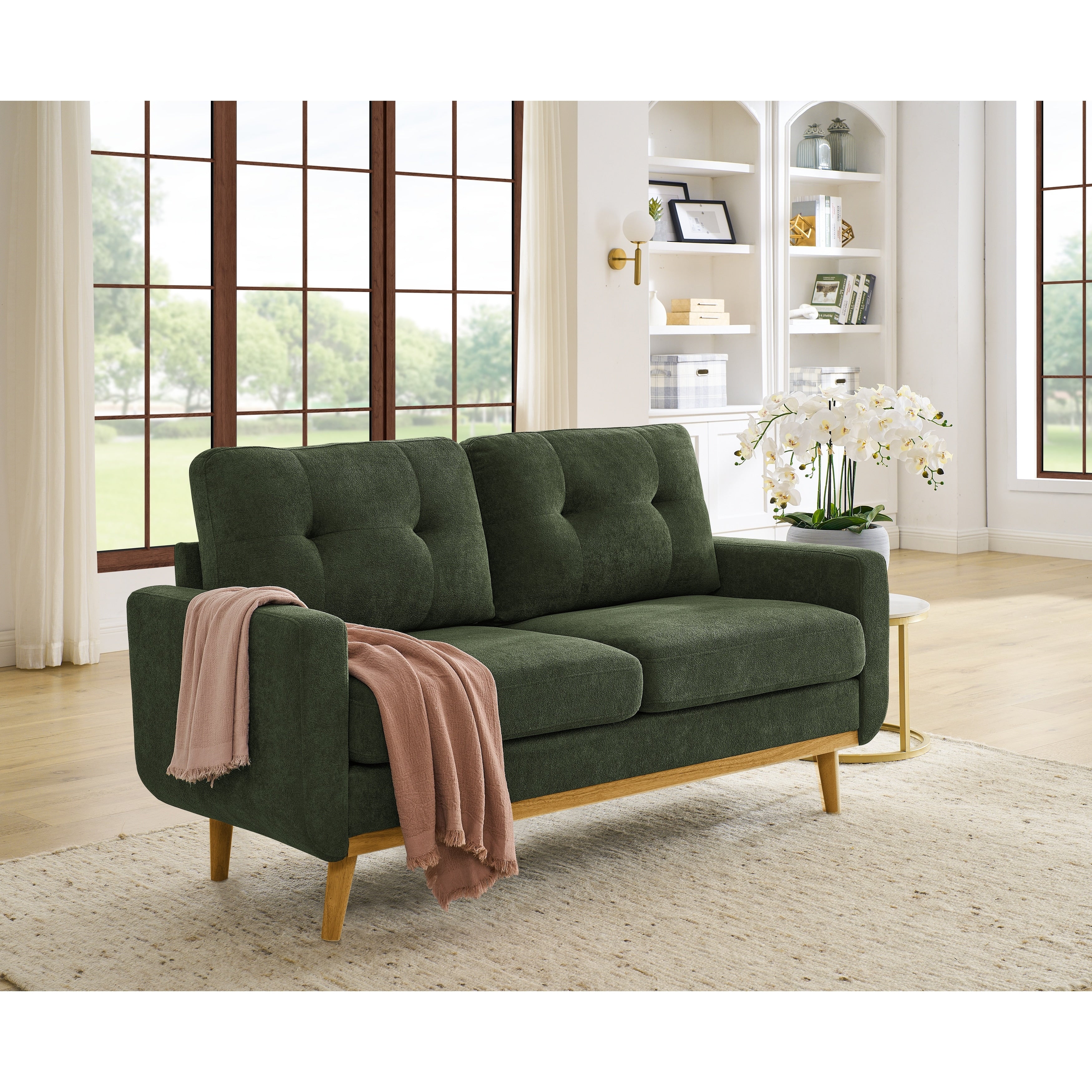 Vintage Style Lounge Sofa Mid Century Design Polyester Fabric Splayed Tapered Wood Legs 2 Seater