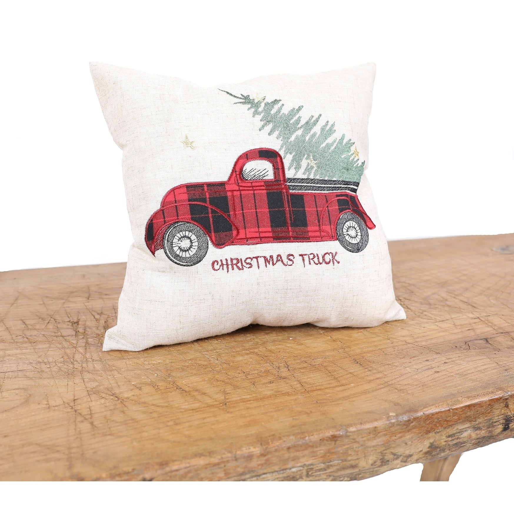 Vintage Tartan Truck With Christmas Tree Pillow 14 By 14 Inch