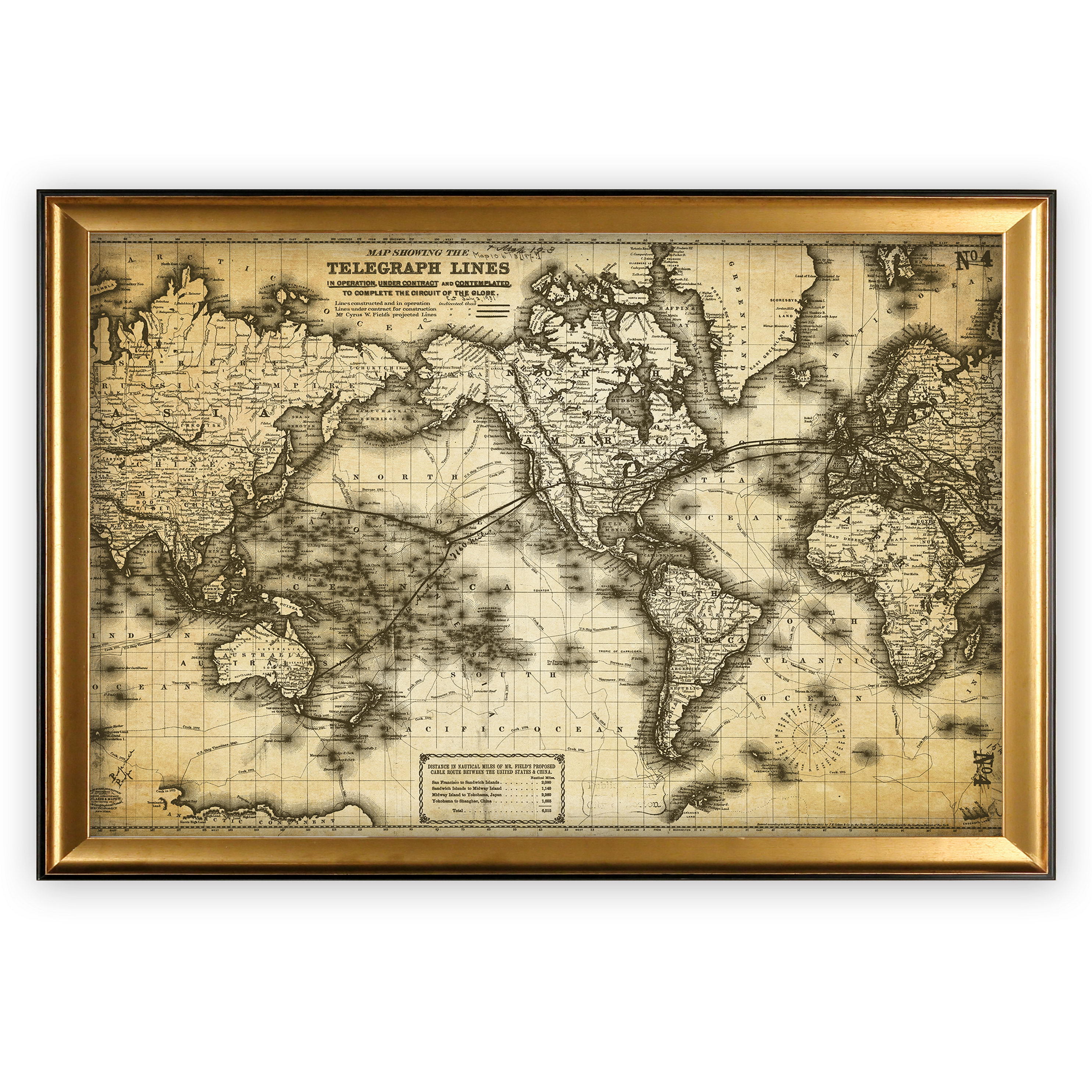 Vintage Wold Map Vii Antique Gold Frame