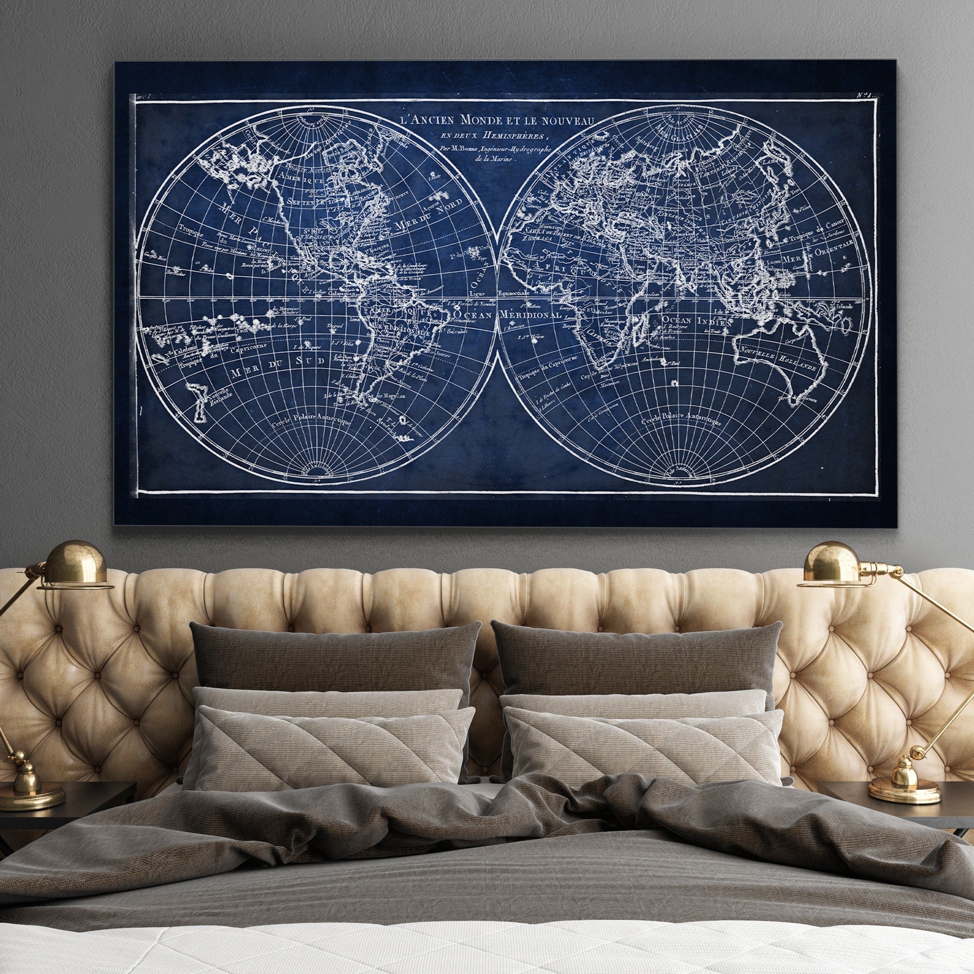 Vintage Wold Map X Blue Premium Gallery Wrapped Canvas