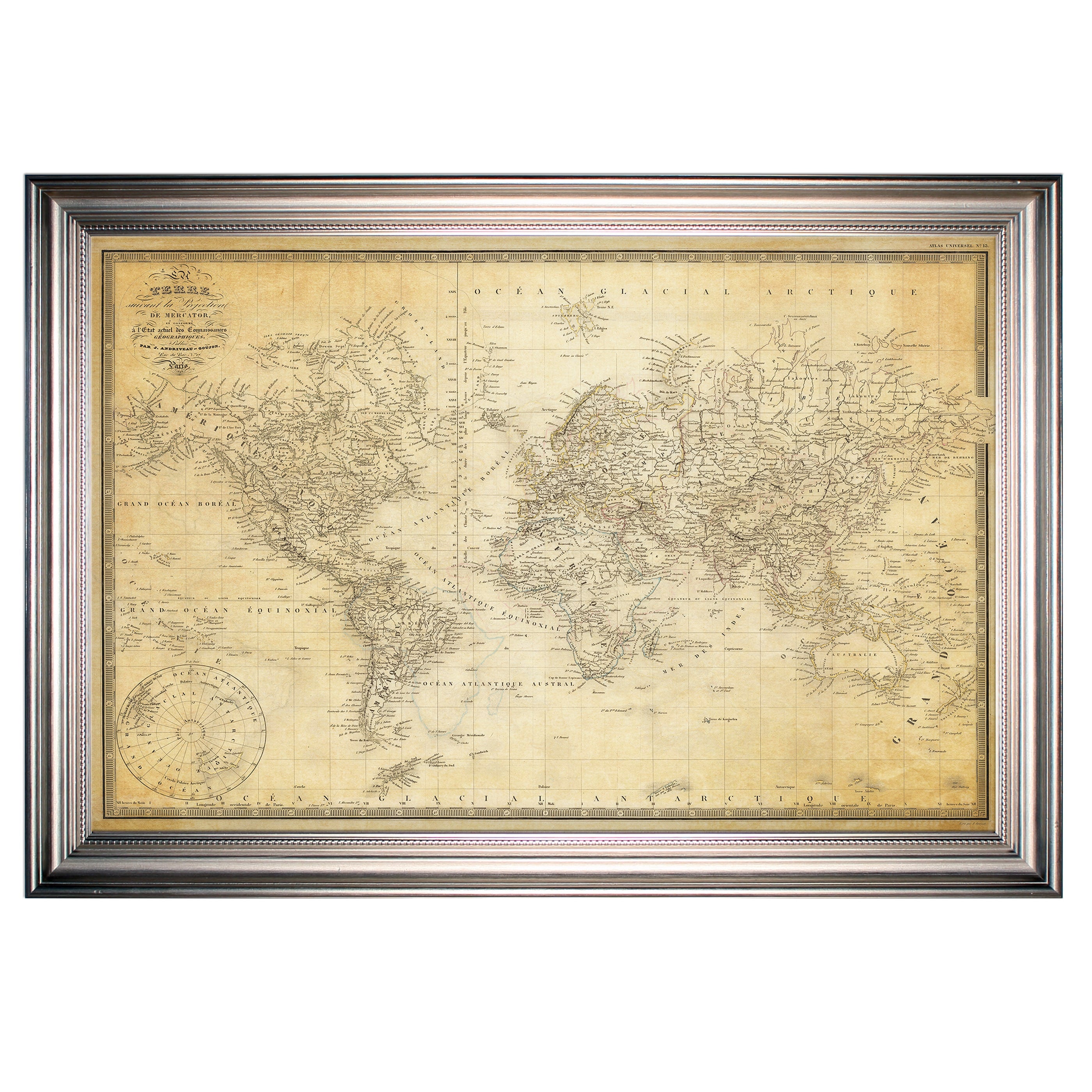 Vintage Wold Map V Parchment Silver Frame