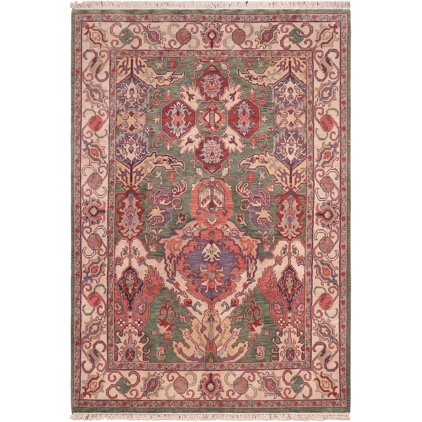 Vintage Inspired Medallion Green Ivory Hand Knotted Wool Rug 711 X 911 711 X 911