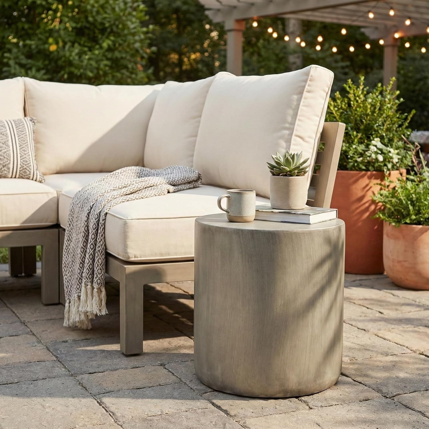 Vintara Modern Cylindrical Round Fiberstone Side Table With Brushed Finish For Living Rooms Bedrooms Patios Balconies