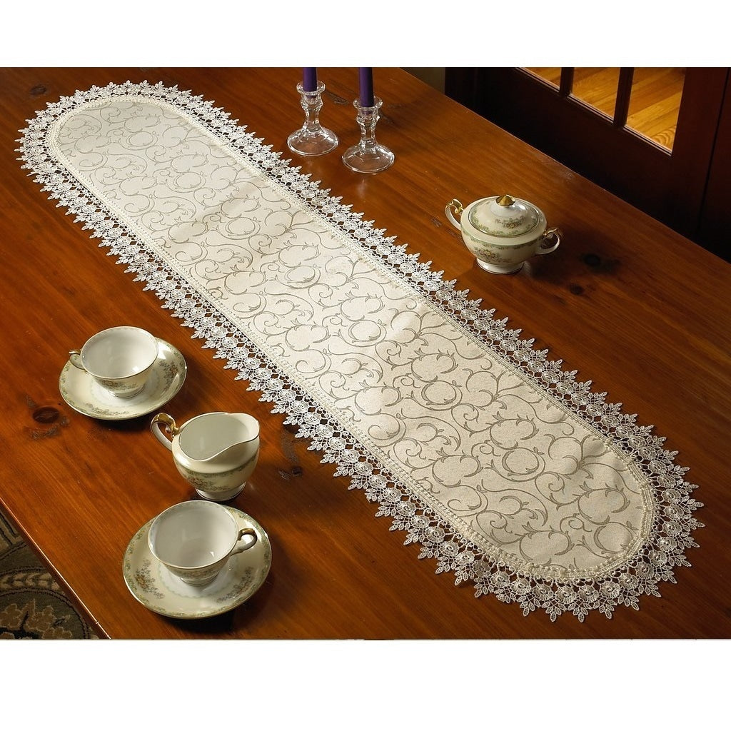 Violet Linen Flower Bow Embroidered Lace Vintage Design Table Runner
