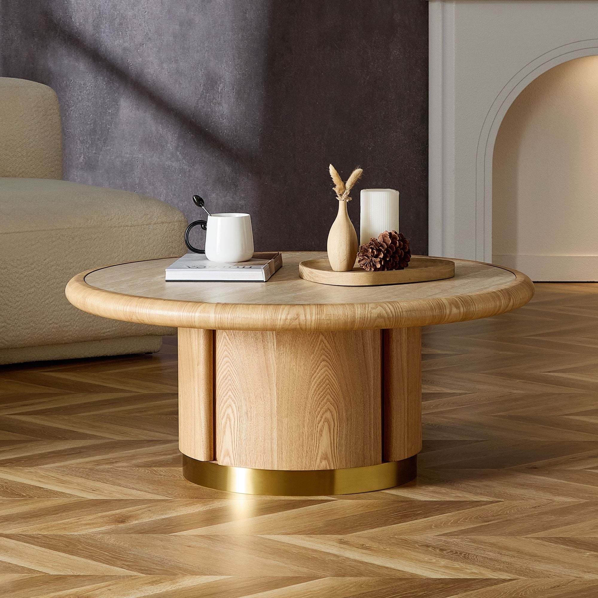 Virello Round Coffee Table Sintered Stone With Brushed Stainless Steel Cylindrical Base By Gdfstudio