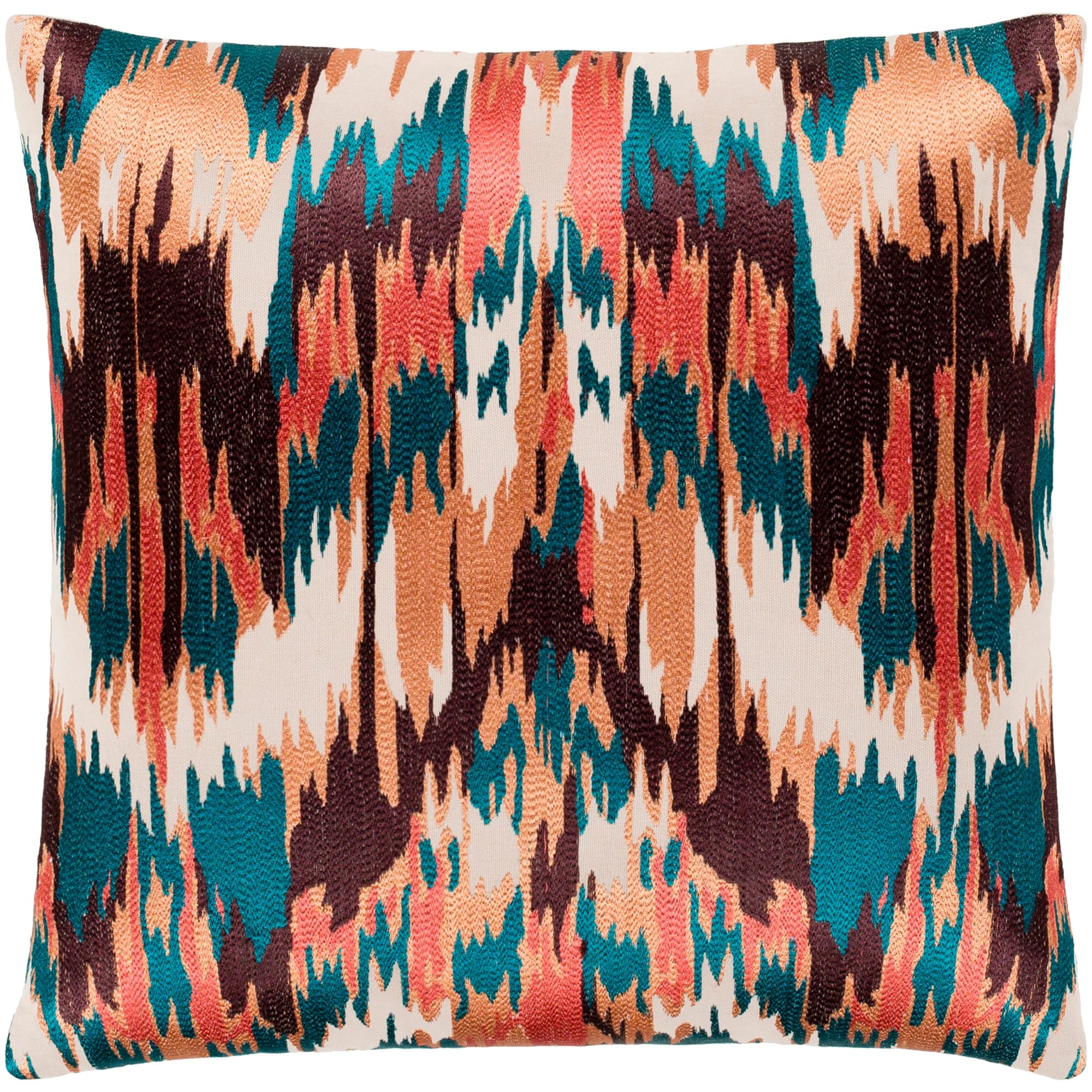 Virgil Peach Emerald Embroidered Ikat Feather Down Throw Pillow 22 X 22