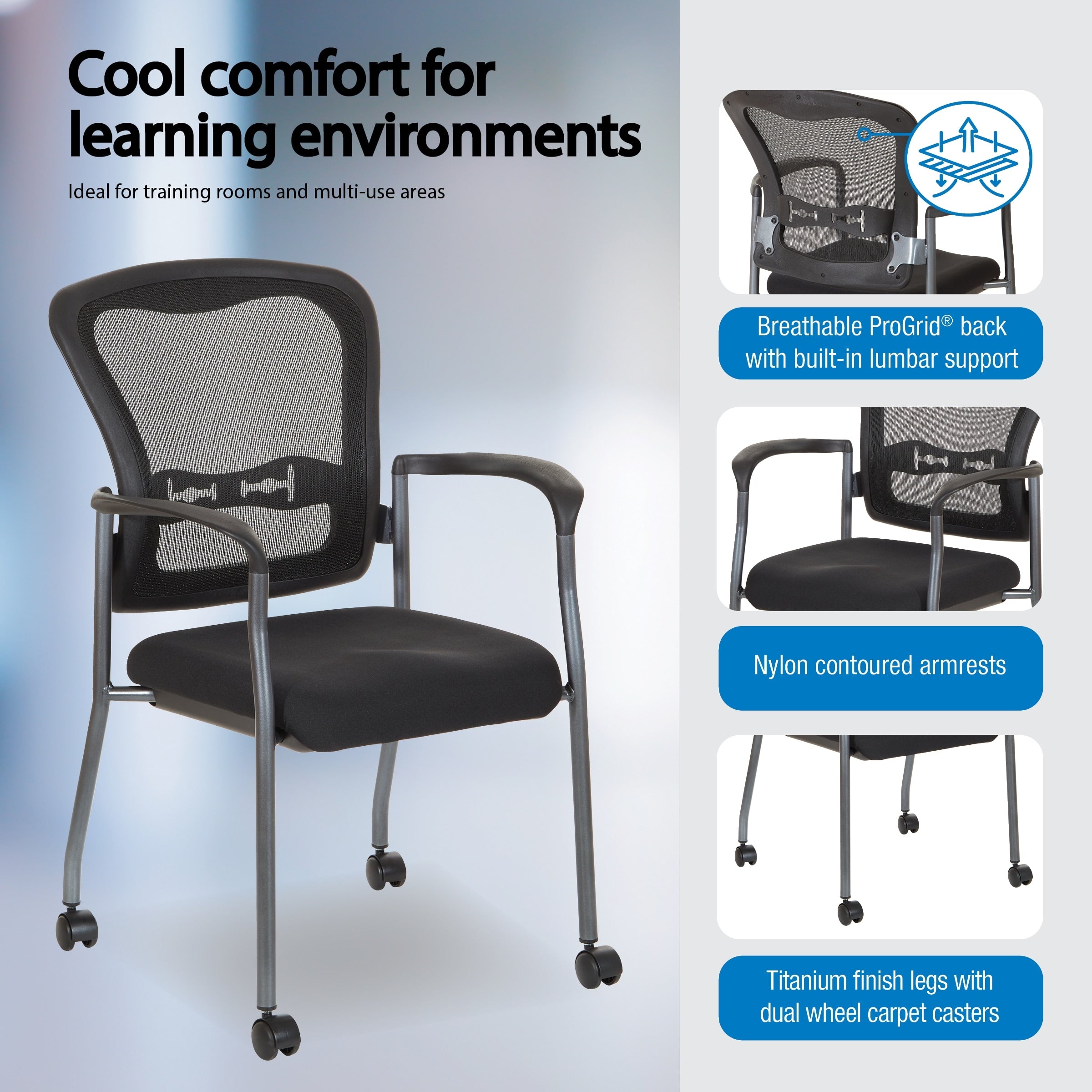 Office Star Titanium Finish Visitors Chair With Breathable Progrid Back With Built In Lumbar Support