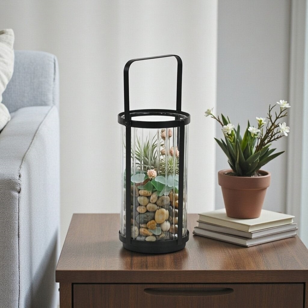 Vortial Fluted Glass Candle Lantern With Black Metal Frame