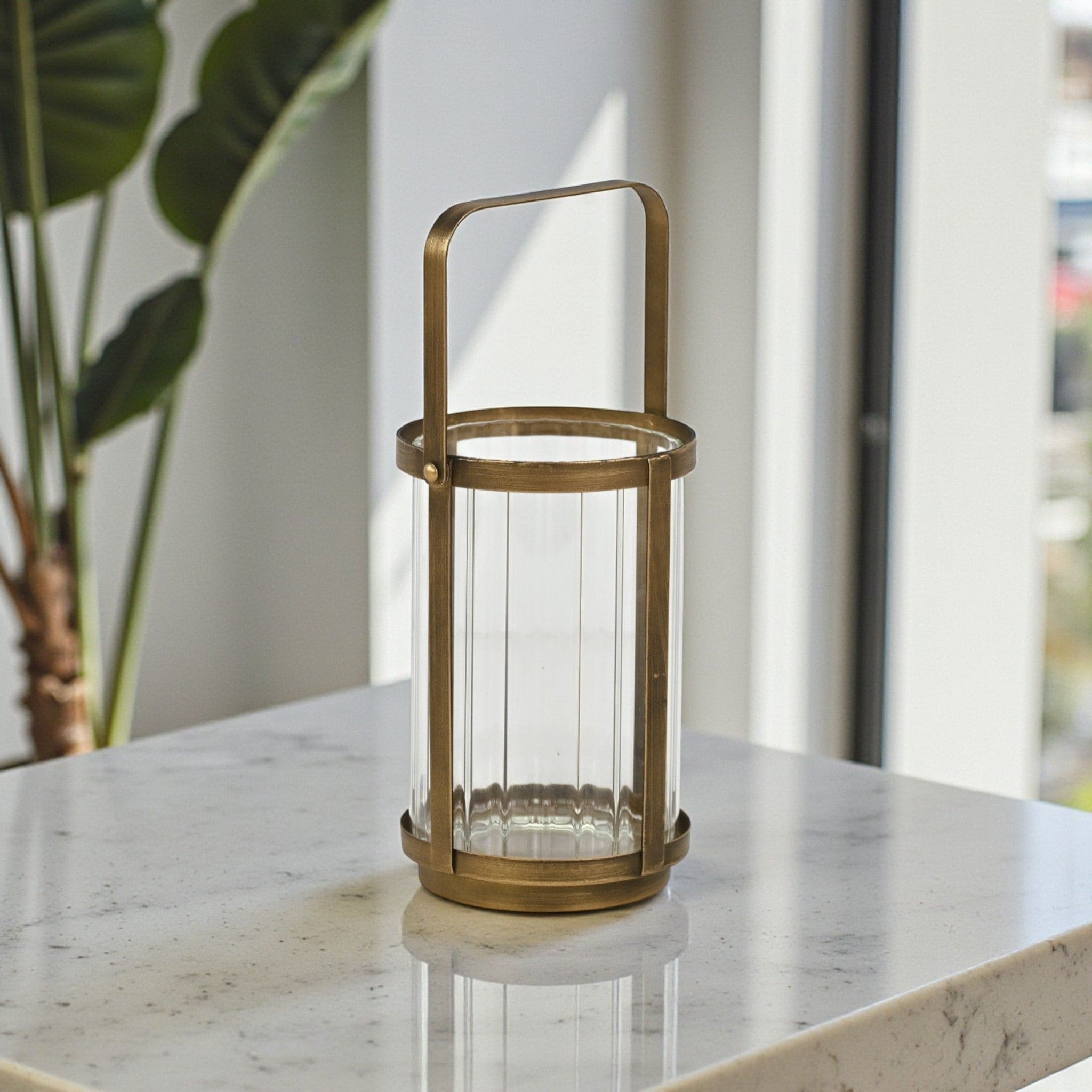Vortial Fluted Glass Candle Lantern With Gold Metal Frame