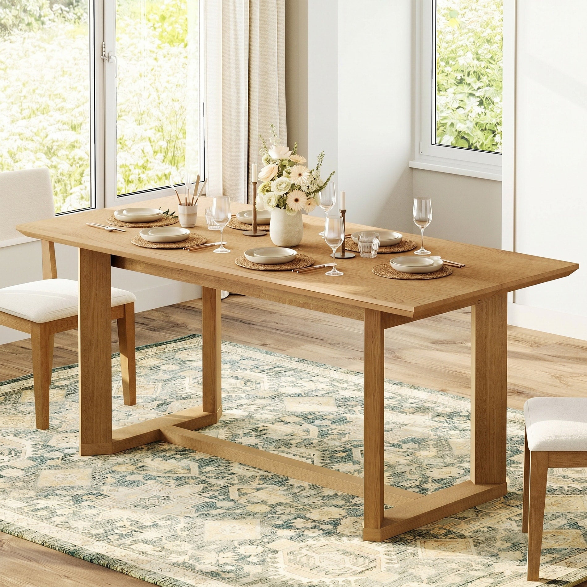 Wampat 69 Farmhouse Trestle Base Dining Table With Solid Wood Legs