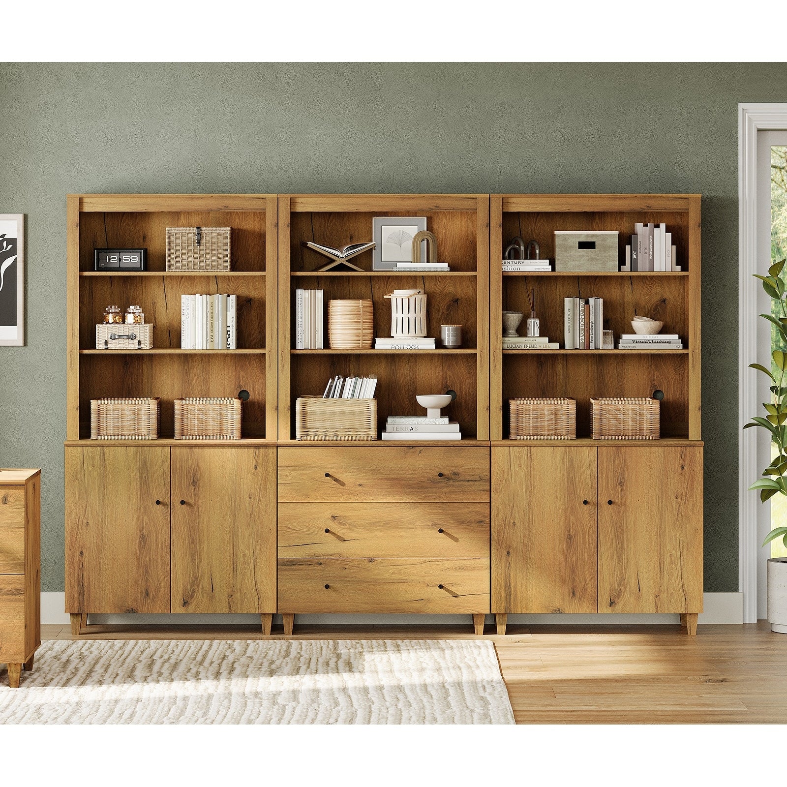 Wampat 71 Tall Bookshelf Set Of 3 5 Tier Modern Bookcase With 2 Cabinets And 3 Drawers For Living Room