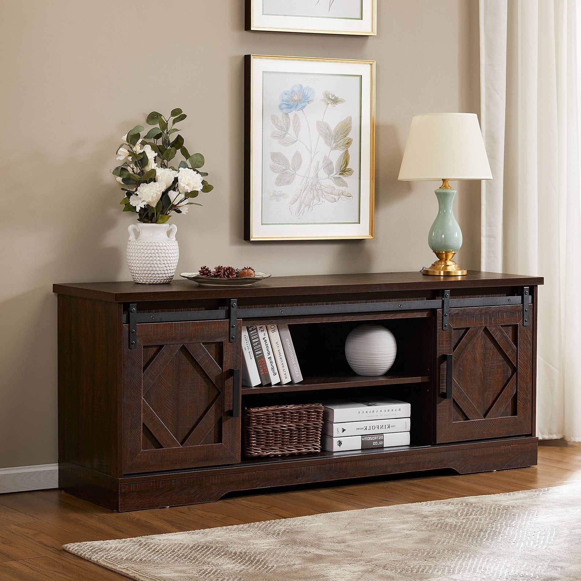 Wampat Farmhouse Sliding Barn Door Wood Tv Stand Storage Cabinet 54 Inches