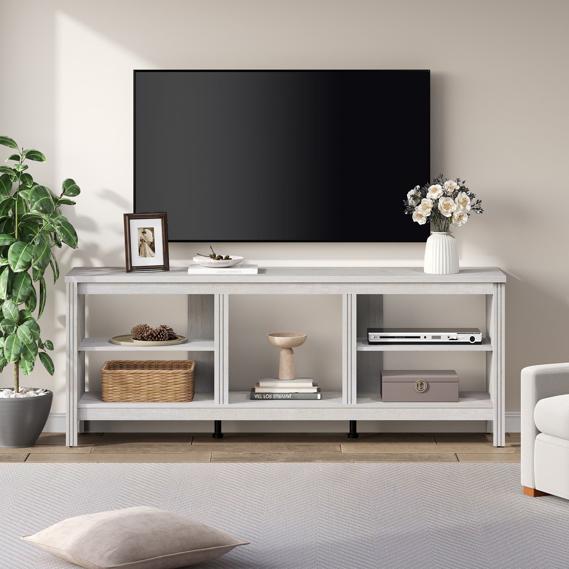 Wampat Farmhouse Tv Stand For Tvs Up To 75 Inch White Entertainment Center For 80 Inch Tv Console Table With 5 Cubby Storages
