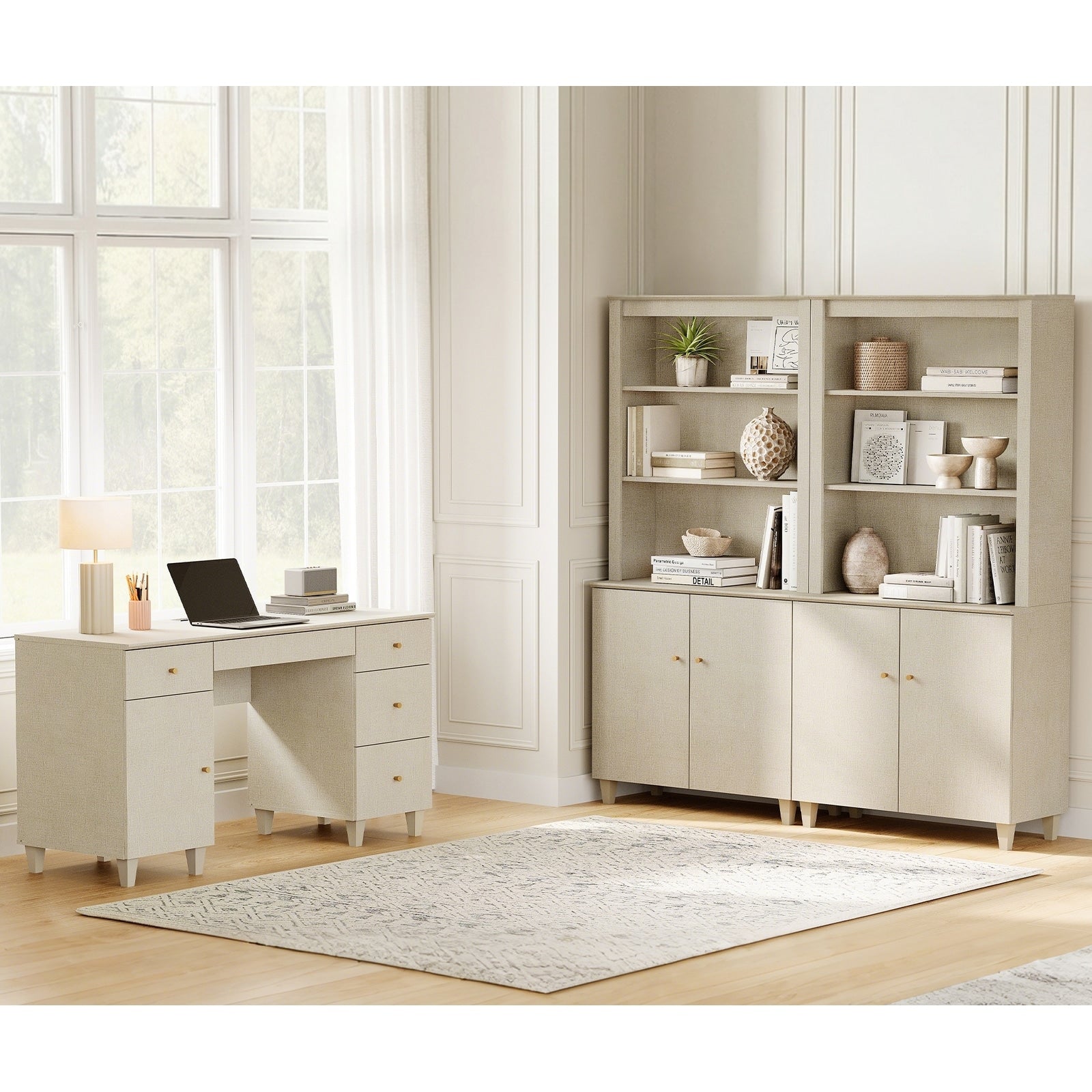 Wampat Home Office Furniture Set 58 Executive Desk With Cabinet 2 Column 71 Tall Bookcase With Doors And Adjustable Shelves