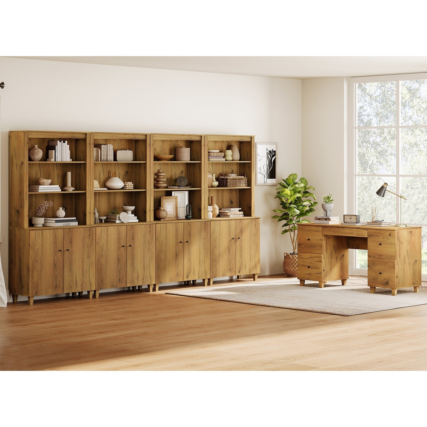 Wampat Home Office Furniture Set 58 Executive Desk With Drawers 4 Column 71 Tall Bookcase With Doors And Adjustable Shelves