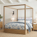 Wampat Mid Century Queen Canopy Bed Frame With Headboard Solid Wood 4 Poster Bed No Box Spring Needed For Bedroom