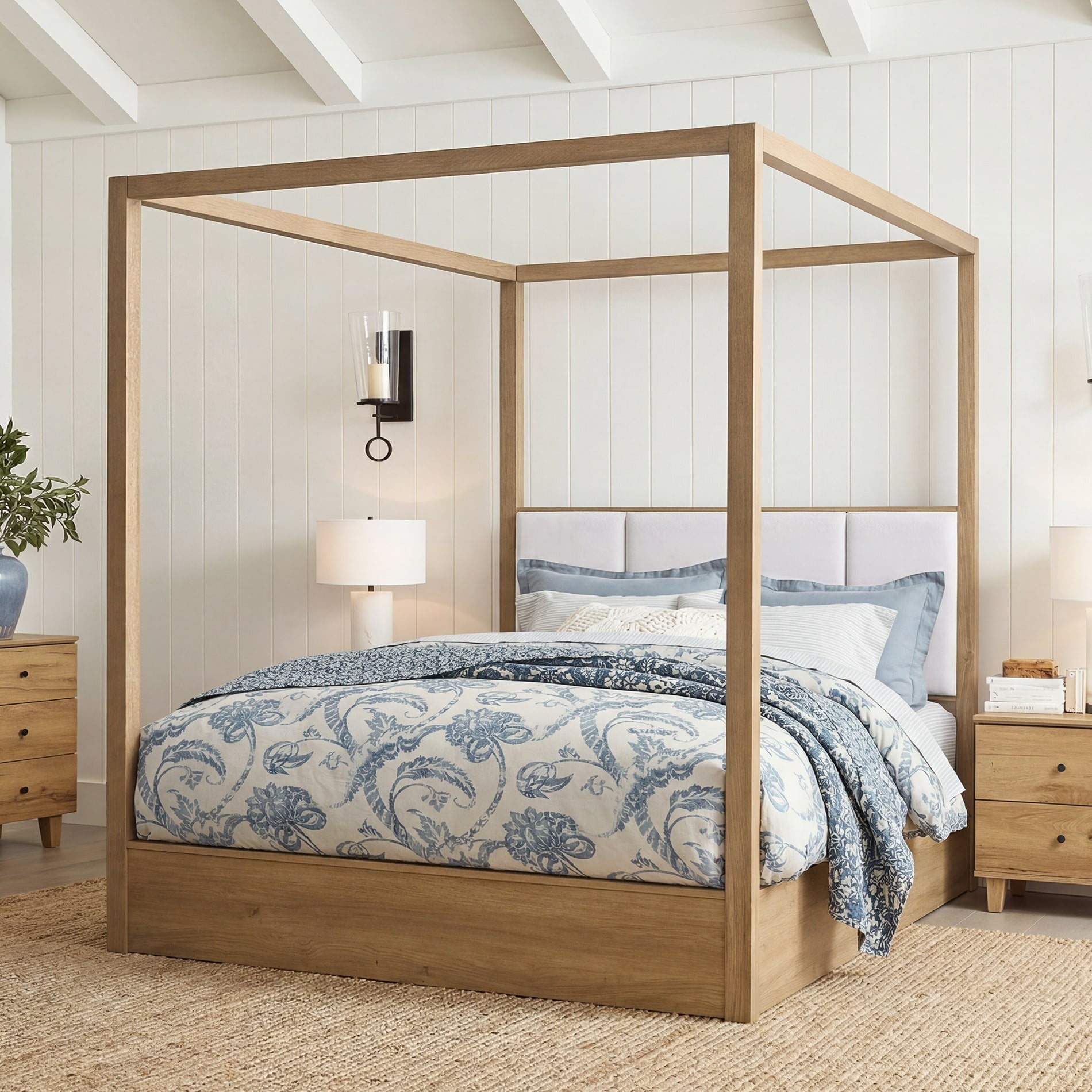 Wampat Mid Century Queen Canopy Bed Frame With Headboard Solid Wood 4 Poster Bed No Box Spring Needed For Bedroom