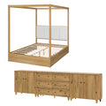Wampat Modern Bedroom Furniture Set Wooden Queen Canopy Bed Frame 3 In 1 Dresser With 2 Cabinets And 6 Drawers