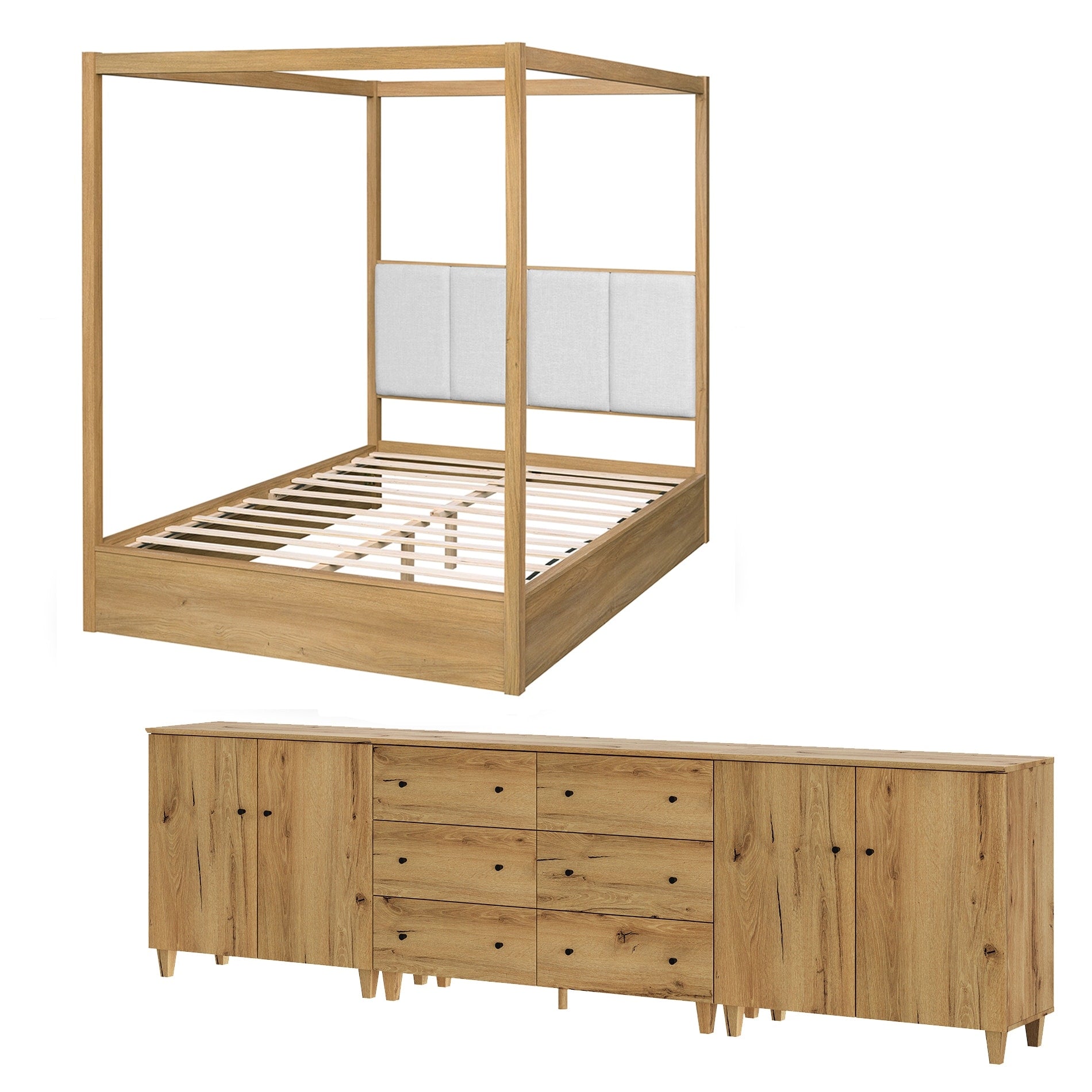 Wampat Modern Bedroom Furniture Set Wooden Queen Canopy Bed Frame 3 In 1 Dresser With 2 Cabinets And 6 Drawers