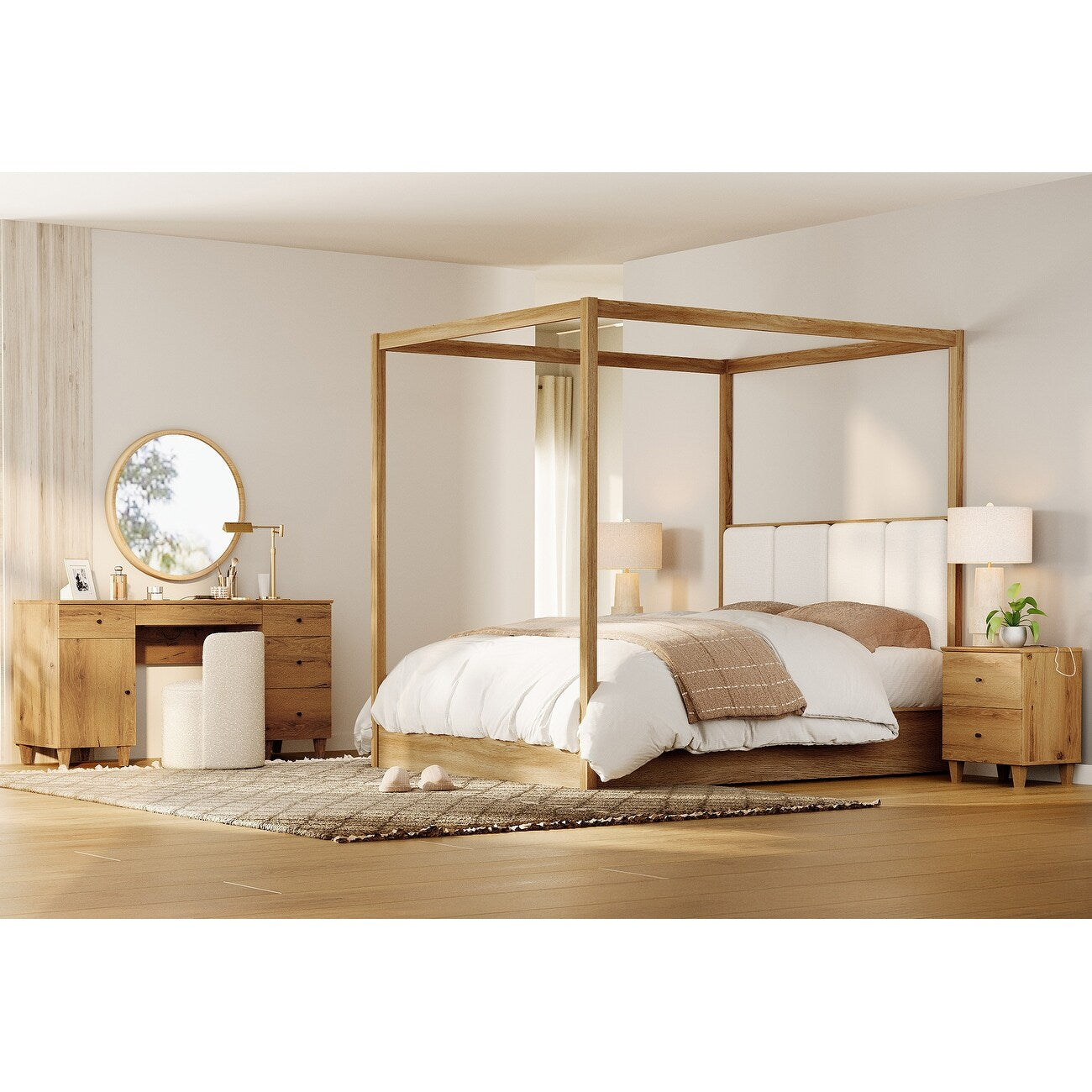Wampat Modern Bedroom Sets Queen Canopy 4 Poster Bed Frame With Headboard And 58 Vanity Charging Desk