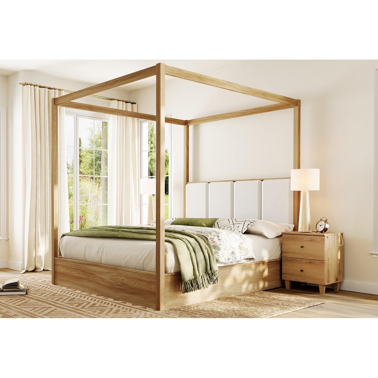 Wampat Modern Bedroom Sets Queen Canopy 4 Poster Bed With Headboard And Charging Nightstands