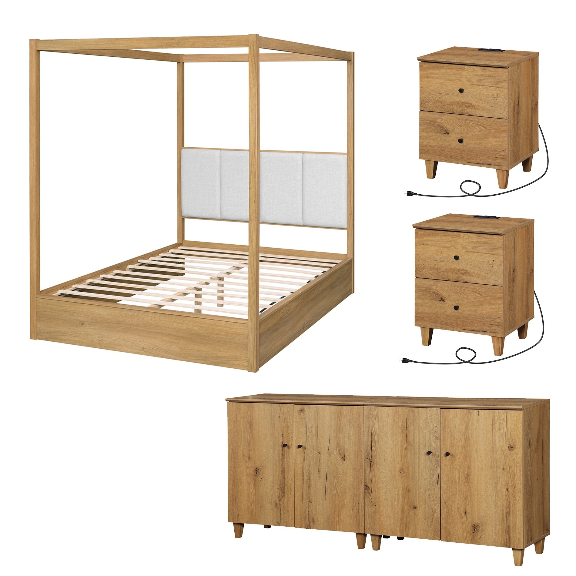 Wampat Modern Queen Canopy Bed Frame With 2 Charging Nightstands And 2 Storage Cabinets Wooden Bedroom Furniture Set
